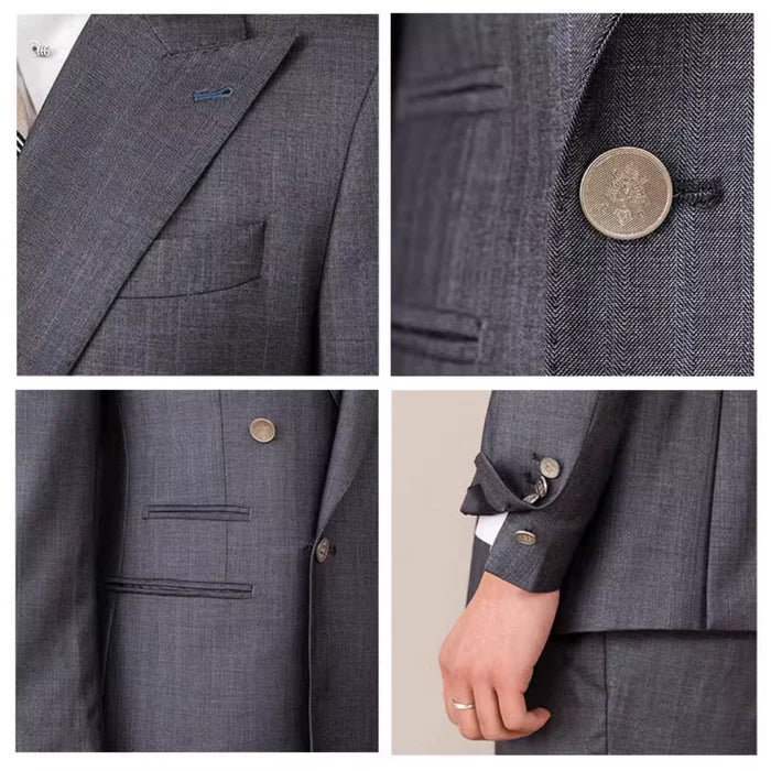 Traje gris de doble botonadura con solapa de pico