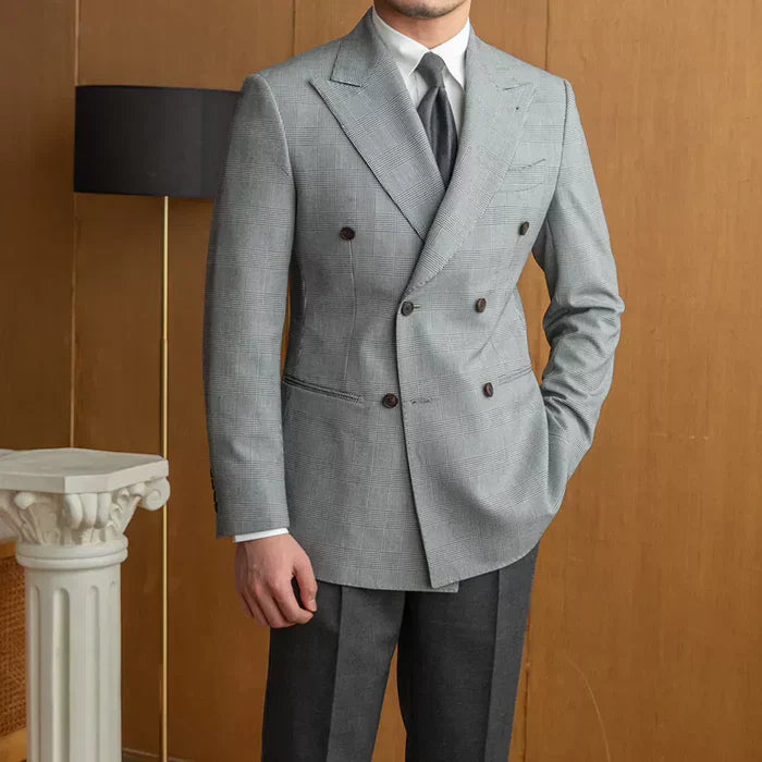 Blazer cinza xadrez Príncipe de Gales com abotoamento duplo