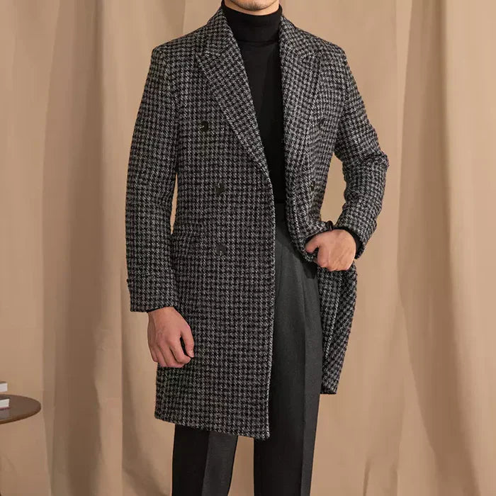 Abrigo cruzado de cuadros pata de gallo gris oscuro